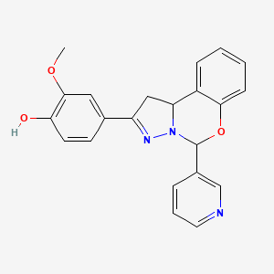 molecular formula C22H19N3O3 B2831593 2-methoxy-4-(5-(pyridin-3-yl)-5,10b-dihydro-1H-benzo[e]pyrazolo[1,5-c][1,3]oxazin-2-yl)phenol CAS No. 899984-99-7