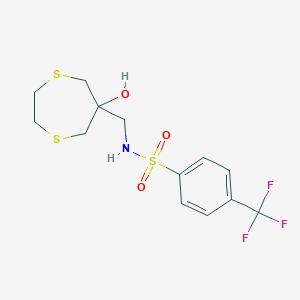 molecular formula C13H16F3NO3S3 B2831634 N-[(6-Hydroxy-1,4-dithiepan-6-yl)methyl]-4-(trifluoromethyl)benzenesulfonamide CAS No. 2415466-50-9