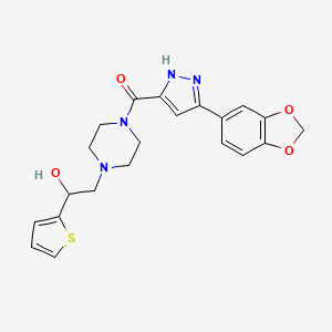 molecular formula C21H22N4O4S B2831684 (3-(benzo[d][1,3]dioxol-5-yl)-1H-pyrazol-5-yl)(4-(2-hydroxy-2-(thiophen-2-yl)ethyl)piperazin-1-yl)methanone CAS No. 1305260-33-6