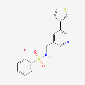 molecular formula C16H13FN2O2S2 B2831686 2-氟-N-((5-(噻吩-3-基)吡啶-3-基)甲基)苯磺酰胺 CAS No. 1798490-44-4