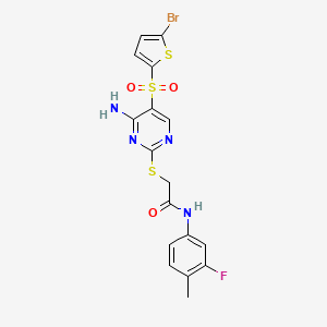 molecular formula C17H14BrFN4O3S3 B2831690 2-((4-amino-5-((5-bromothiophen-2-yl)sulfonyl)pyrimidin-2-yl)thio)-N-(3-fluoro-4-methylphenyl)acetamide CAS No. 1223818-26-5