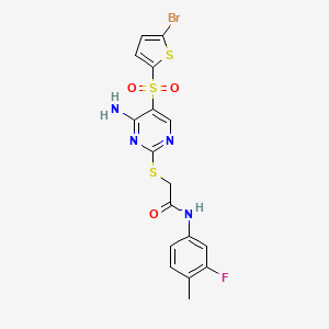 molecular formula C17H14BrFN4O3S3 B2831690 2-({4-amino-5-[(5-bromothiophen-2-yl)sulfonyl]pyrimidin-2-yl}sulfanyl)-N-(3-fluoro-4-methylphenyl)acetamide CAS No. 1223818-26-5