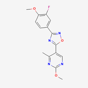 molecular formula C15H13FN4O3 B2831709 3-(3-Fluoro-4-methoxyphenyl)-5-(2-methoxy-4-methylpyrimidin-5-yl)-1,2,4-oxadiazole CAS No. 2034330-10-2