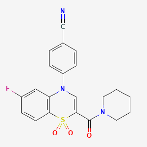 molecular formula C21H18FN3O3S B2832076 4-(6-氟-1,1-二氧化-2-(哌啶-1-甲酰)-4H-苯并[b][1,4]噻嗪-4-基)苯甲腈 CAS No. 1251691-57-2