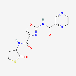 molecular formula C13H11N5O4S B2832082 N-(2-oxotetrahydrothiophen-3-yl)-2-(pyrazine-2-carboxamido)oxazole-4-carboxamide CAS No. 1396793-47-7