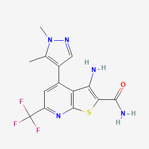 molecular formula C14H12F3N5OS B2832115 3-amino-4-(1,5-dimethyl-1H-pyrazol-4-yl)-6-(trifluoromethyl)thieno[2,3-b]pyridine-2-carboxamide CAS No. 1005632-64-3