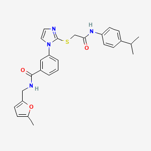 molecular formula C27H28N4O3S B2832126 3-(2-((2-((4-isopropylphenyl)amino)-2-oxoethyl)thio)-1H-imidazol-1-yl)-N-((5-methylfuran-2-yl)methyl)benzamide CAS No. 1115403-65-0
