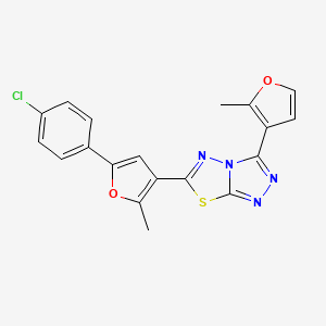 molecular formula C19H13ClN4O2S B2832134 6-[5-(4-Chlorophenyl)-2-methyl-3-furyl]-3-(2-methyl-3-furyl)[1,2,4]triazolo[3,4-b][1,3,4]thiadiazole CAS No. 708251-55-2