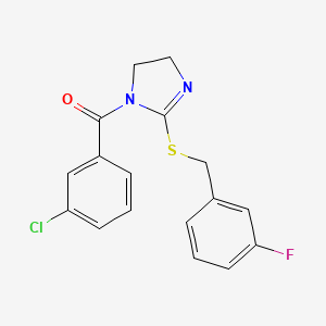 molecular formula C17H14ClFN2OS B2832328 (3-Chlorophenyl)-[2-[(3-fluorophenyl)methylsulfanyl]-4,5-dihydroimidazol-1-yl]methanone CAS No. 851865-08-2