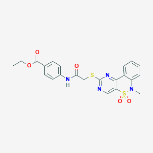 molecular formula C22H20N4O5S2 B2832487 ethyl 4-({[(6-methyl-5,5-dioxido-6H-pyrimido[5,4-c][2,1]benzothiazin-2-yl)thio]acetyl}amino)benzoate CAS No. 895102-63-3
