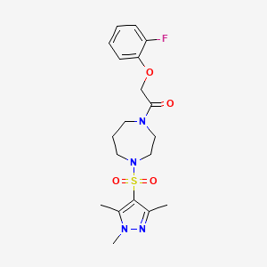 molecular formula C19H25FN4O4S B2832496 2-(2-fluorophenoxy)-1-(4-((1,3,5-trimethyl-1H-pyrazol-4-yl)sulfonyl)-1,4-diazepan-1-yl)ethanone CAS No. 1903401-56-8