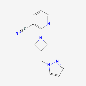 molecular formula C13H13N5 B2832500 2-{3-[(1H-pyrazol-1-yl)methyl]azetidin-1-yl}pyridine-3-carbonitrile CAS No. 2309347-74-6