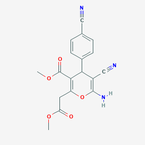 molecular formula C18H15N3O5 B2832527 methyl 6-amino-5-cyano-4-(4-cyanophenyl)-2-(2-methoxy-2-oxoethyl)-4H-pyran-3-carboxylate CAS No. 865660-39-5
