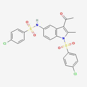 molecular formula C23H18Cl2N2O5S2 B2832654 N-(3-乙酰-1-((4-氯苯基)磺酰)-2-甲基-1H-吲哚-5-基)-4-氯苯磺酰胺 CAS No. 300719-65-7