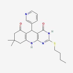 molecular formula C22H26N4O2S B2832666 2-(丁基硫代)-8,8-二甲基-5-(吡啶-3-基)-5,8,9,10-四氢嘧啶并[4,5-b]喹啉-4,6(3H,7H)-二酮 CAS No. 631855-55-5
