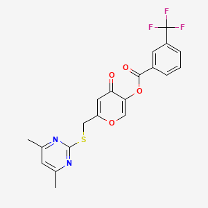 molecular formula C20H15F3N2O4S B2832670 6-(((4,6-dimethylpyrimidin-2-yl)thio)methyl)-4-oxo-4H-pyran-3-yl 3-(trifluoromethyl)benzoate CAS No. 877636-65-2
