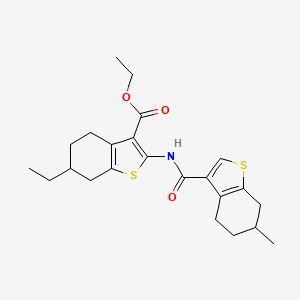 molecular formula C23H29NO3S2 B2832710 乙酸乙酯 6-乙基-2-(6-甲基-4,5,6,7-四氢苯并[b]噻吩-3-基)甲酰胺-4,5,6,7-四氢苯并[b]噻吩-3-基甲酸乙酯 CAS No. 848752-60-3