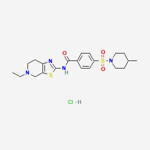 molecular formula C21H29ClN4O3S2 B2832741 N-(5-ethyl-4,5,6,7-tetrahydrothiazolo[5,4-c]pyridin-2-yl)-4-((4-methylpiperidin-1-yl)sulfonyl)benzamide hydrochloride CAS No. 1185101-53-4