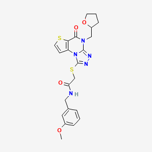 molecular formula C22H23N5O4S2 B2832746 N-(3-methoxybenzyl)-2-((5-oxo-4-((tetrahydrofuran-2-yl)methyl)-4,5-dihydrothieno[2,3-e][1,2,4]triazolo[4,3-a]pyrimidin-1-yl)thio)acetamide CAS No. 1216577-97-7