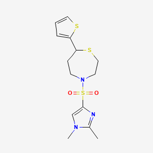 molecular formula C14H19N3O2S3 B2832749 4-((1,2-dimethyl-1H-imidazol-4-yl)sulfonyl)-7-(thiophen-2-yl)-1,4-thiazepane CAS No. 1705064-07-8