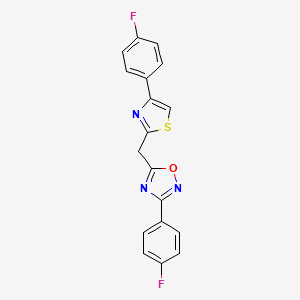 molecular formula C18H11F2N3OS B2832797 3-(4-Fluorophenyl)-5-((4-(4-fluorophenyl)thiazol-2-yl)methyl)-1,2,4-oxadiazole CAS No. 1172973-65-7