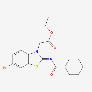 molecular formula C18H21BrN2O3S B2832810 Ethyl 2-[6-bromo-2-(cyclohexanecarbonylimino)-1,3-benzothiazol-3-yl]acetate CAS No. 865247-09-2