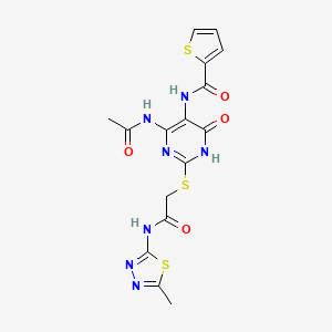molecular formula C16H15N7O4S3 B2832812 N-(4-acetamido-2-((2-((5-methyl-1,3,4-thiadiazol-2-yl)amino)-2-oxoethyl)thio)-6-oxo-1,6-dihydropyrimidin-5-yl)thiophene-2-carboxamide CAS No. 872608-97-4