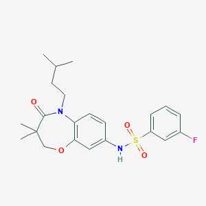 molecular formula C22H27FN2O4S B2832813 3-fluoro-N-(5-isopentyl-3,3-dimethyl-4-oxo-2,3,4,5-tetrahydrobenzo[b][1,4]oxazepin-8-yl)benzenesulfonamide CAS No. 921907-90-6