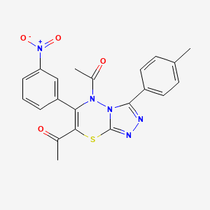 molecular formula C21H17N5O4S B2832841 1-[5-acetyl-3-(4-methylphenyl)-6-(3-nitrophenyl)-5H-[1,2,4]triazolo[3,4-b][1,3,4]thiadiazin-7-yl]ethanone CAS No. 896273-80-6