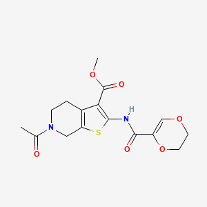 molecular formula C16H18N2O6S B2832863 Methyl 6-acetyl-2-(5,6-dihydro-1,4-dioxine-2-carboxamido)-4,5,6,7-tetrahydrothieno[2,3-c]pyridine-3-carboxylate CAS No. 921067-73-4