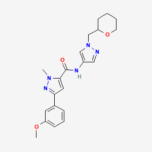 molecular formula C21H25N5O3 B2832866 3-(3-methoxyphenyl)-1-methyl-N-(1-((tetrahydro-2H-pyran-2-yl)methyl)-1H-pyrazol-4-yl)-1H-pyrazole-5-carboxamide CAS No. 2034229-07-5