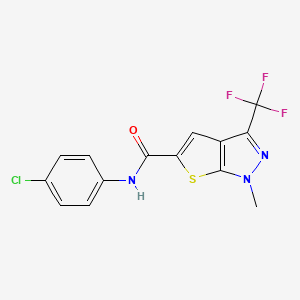 molecular formula C14H9ClF3N3OS B2832873 N-(4-chlorophenyl)-1-methyl-3-(trifluoromethyl)-1H-thieno[2,3-c]pyrazole-5-carboxamide CAS No. 477886-36-5