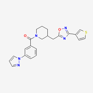 molecular formula C22H21N5O2S B2832897 (3-(1H-pyrazol-1-yl)phenyl)(3-((3-(thiophen-3-yl)-1,2,4-oxadiazol-5-yl)methyl)piperidin-1-yl)methanone CAS No. 1705563-47-8