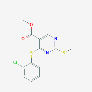 molecular formula C14H13ClN2O2S2 B2832929 Ethyl 4-[(2-chlorophenyl)sulfanyl]-2-(methylsulfanyl)-5-pyrimidinecarboxylate CAS No. 339019-54-4