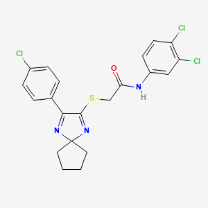 molecular formula C21H18Cl3N3OS B2832930 2-((3-(4-chlorophenyl)-1,4-diazaspiro[4.4]nona-1,3-dien-2-yl)thio)-N-(3,4-dichlorophenyl)acetamide CAS No. 899905-74-9