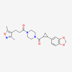 molecular formula C23H27N3O5 B2832998 1-(4-(2-(Benzo[d][1,3]dioxol-5-yl)cyclopropanecarbonyl)piperazin-1-yl)-3-(3,5-dimethylisoxazol-4-yl)propan-1-one CAS No. 1219902-64-3