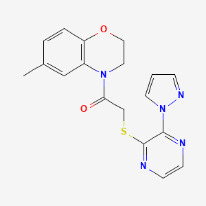 molecular formula C18H17N5O2S B2833068 2-((3-(1H-pyrazol-1-yl)pyrazin-2-yl)thio)-1-(6-methyl-2H-benzo[b][1,4]oxazin-4(3H)-yl)ethanone CAS No. 1421526-02-4
