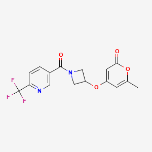 molecular formula C16H13F3N2O4 B2833084 6-methyl-4-((1-(6-(trifluoromethyl)nicotinoyl)azetidin-3-yl)oxy)-2H-pyran-2-one CAS No. 1795086-74-6