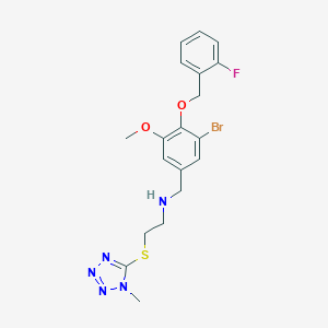molecular formula C19H21BrFN5O2S B283313 N-{3-bromo-4-[(2-fluorobenzyl)oxy]-5-methoxybenzyl}-N-{2-[(1-methyl-1H-tetraazol-5-yl)sulfanyl]ethyl}amine 