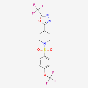 molecular formula C15H13F6N3O4S B2833199 2-(1-((4-(Trifluoromethoxy)phenyl)sulfonyl)piperidin-4-yl)-5-(trifluoromethyl)-1,3,4-oxadiazole CAS No. 1396808-37-9