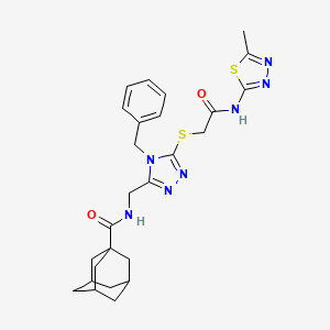 molecular formula C26H31N7O2S2 B2833249 N-[[4-苄基-5-[2-[(5-甲基-1,3,4-噻二唑-2-基)氨基]-2-氧代乙基]硫代-1,2,4-三唑-3-基]甲基]孔雀石酸-1-甲酰胺 CAS No. 477303-61-0