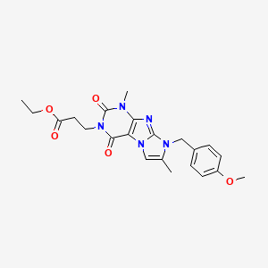 molecular formula C22H25N5O5 B2833293 ethyl 3-(8-(4-methoxybenzyl)-1,7-dimethyl-2,4-dioxo-1H-imidazo[2,1-f]purin-3(2H,4H,8H)-yl)propanoate CAS No. 896301-32-9
