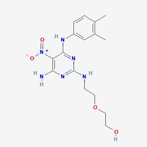 molecular formula C16H22N6O4 B2833336 2-(2-((4-氨基-6-((3,4-二甲基苯基)氨基)-5-硝基嘧啶-2-基)氨基)乙氧基)乙醇 CAS No. 573943-29-0