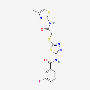 molecular formula C15H12FN5O2S3 B2833350 3-fluoro-N-(5-((2-((4-methylthiazol-2-yl)amino)-2-oxoethyl)thio)-1,3,4-thiadiazol-2-yl)benzamide CAS No. 868973-84-6