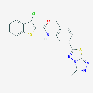 molecular formula C20H14ClN5OS2 B283338 3-chloro-N-[2-methyl-5-(3-methyl[1,2,4]triazolo[3,4-b][1,3,4]thiadiazol-6-yl)phenyl]-1-benzothiophene-2-carboxamide 