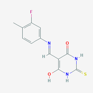 molecular formula C12H10FN3O2S B2833473 5-(((3-fluoro-4-methylphenyl)amino)methylene)-2-thioxodihydropyrimidine-4,6(1H,5H)-dione CAS No. 1021229-26-4