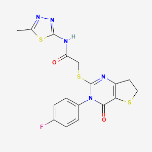 molecular formula C17H14FN5O2S3 B2833482 2-((3-(4-fluorophenyl)-4-oxo-3,4,6,7-tetrahydrothieno[3,2-d]pyrimidin-2-yl)thio)-N-(5-methyl-1,3,4-thiadiazol-2-yl)acetamide CAS No. 362501-64-2