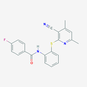 molecular formula C21H16FN3OS B2833507 N-{2-[(3-cyano-4,6-dimethyl-2-pyridinyl)sulfanyl]phenyl}-4-fluorobenzenecarboxamide CAS No. 478045-71-5