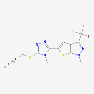 molecular formula C13H10F3N5S2 B2833540 1-methyl-5-[4-methyl-5-(2-propynylsulfanyl)-4H-1,2,4-triazol-3-yl]-3-(trifluoromethyl)-1H-thieno[2,3-c]pyrazole CAS No. 338747-67-4