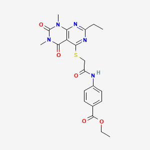 molecular formula C21H23N5O5S B2833632 Ethyl 4-(2-((2-ethyl-6,8-dimethyl-5,7-dioxo-5,6,7,8-tetrahydropyrimido[4,5-d]pyrimidin-4-yl)thio)acetamido)benzoate CAS No. 852170-04-8